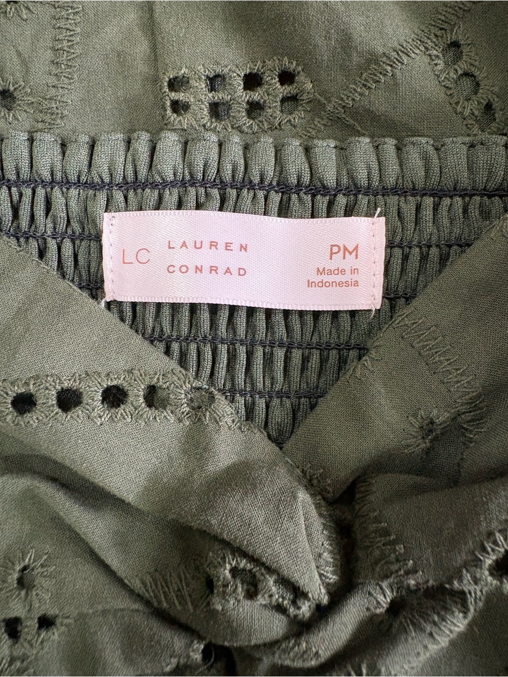 LC Lauren Conrad Petites Eyelet Mini Dress Puff Sleeve Olive Green Size PM NWT - Picture 3 of 7